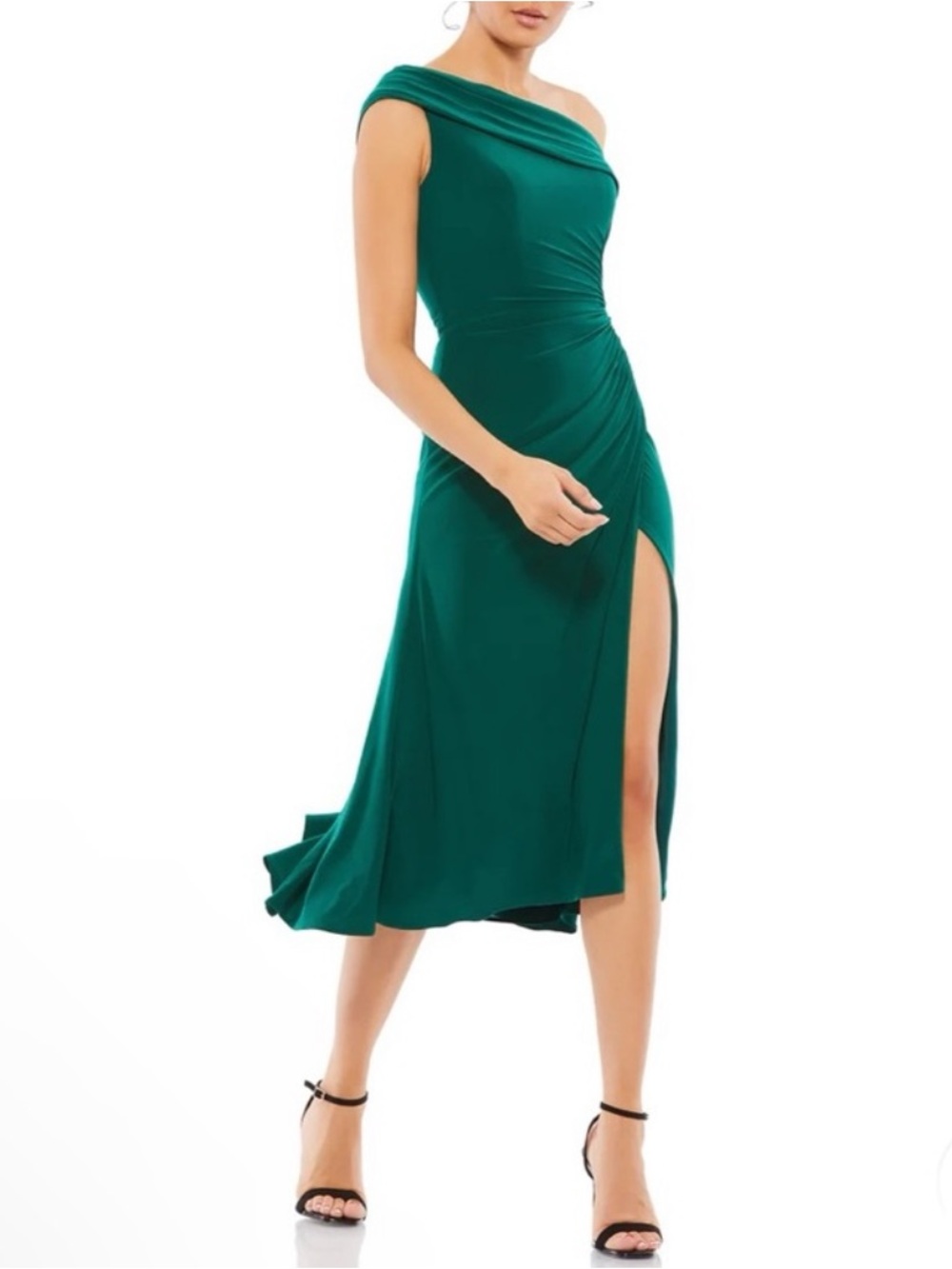MAC DUGGAL Ruched Off The Shoulder Midi Dress NEW Emerald Green Size 4